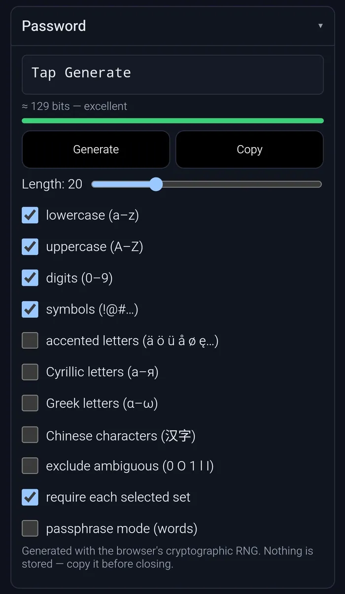 Pageside Password section: a cryptographic password and passphrase generator with a length slider, character-set toggles, and a strength meter showing ~129 bits