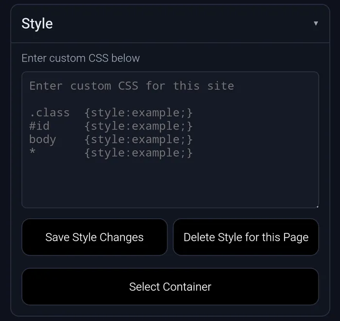 Pageside Style section: a custom-CSS editor for the current site with Save Style Changes, Delete Style for this Page, and Select Container buttons