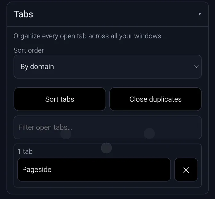 Pageside Tabs section: sort order selector, Sort tabs and Close duplicates buttons, a filter box, and a list of open tabs